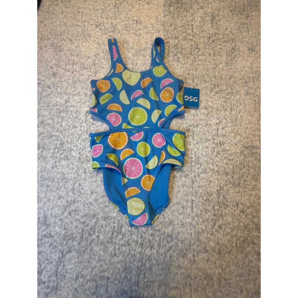 DSG Kids Girls One Piece Swimsuit Citrus Fruit Print Cutout Blue Size M NWT
